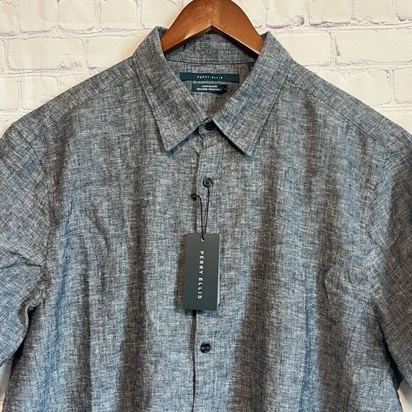 Perry Ellis Shirt Mens XL Blue Dark Sapphire Linen Blend Short Sleeve Button Up - Picture 1 of 12
